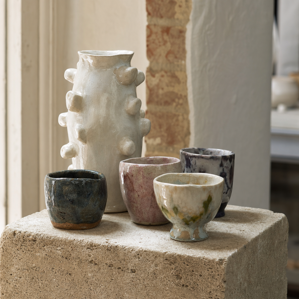 Glazed ceramic bowls on a studio table
