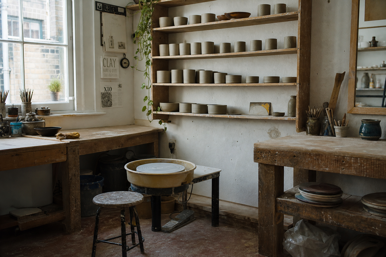 Pottery wheels and clay shelves at Atelier Kazerne in Delft