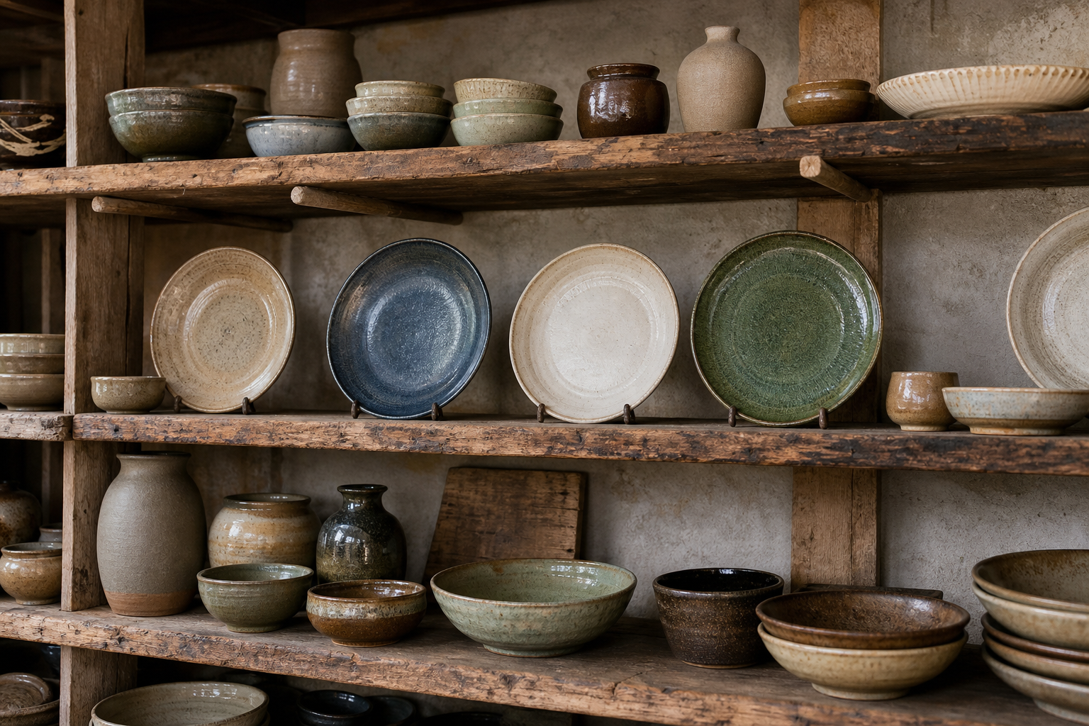 Open studio shelves with student ceramics