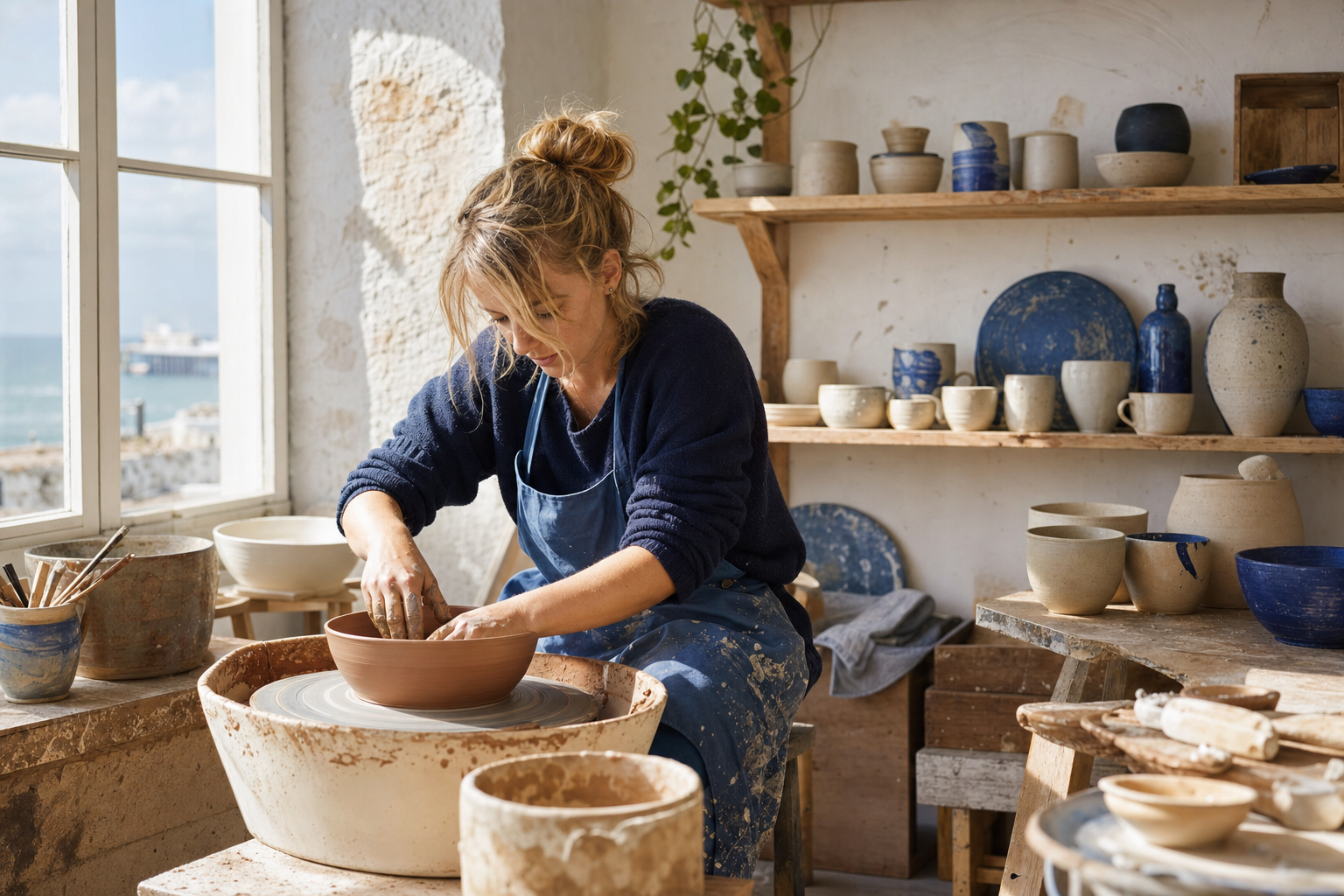 Close-up of hands centering clay on a pottery wheel